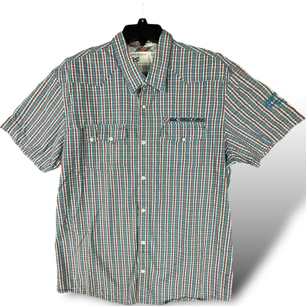 QS by S. Oliver Mens Extra‎ Slim Fit XL S/S Blue & Red Plaid Button Up Shirt EUC
